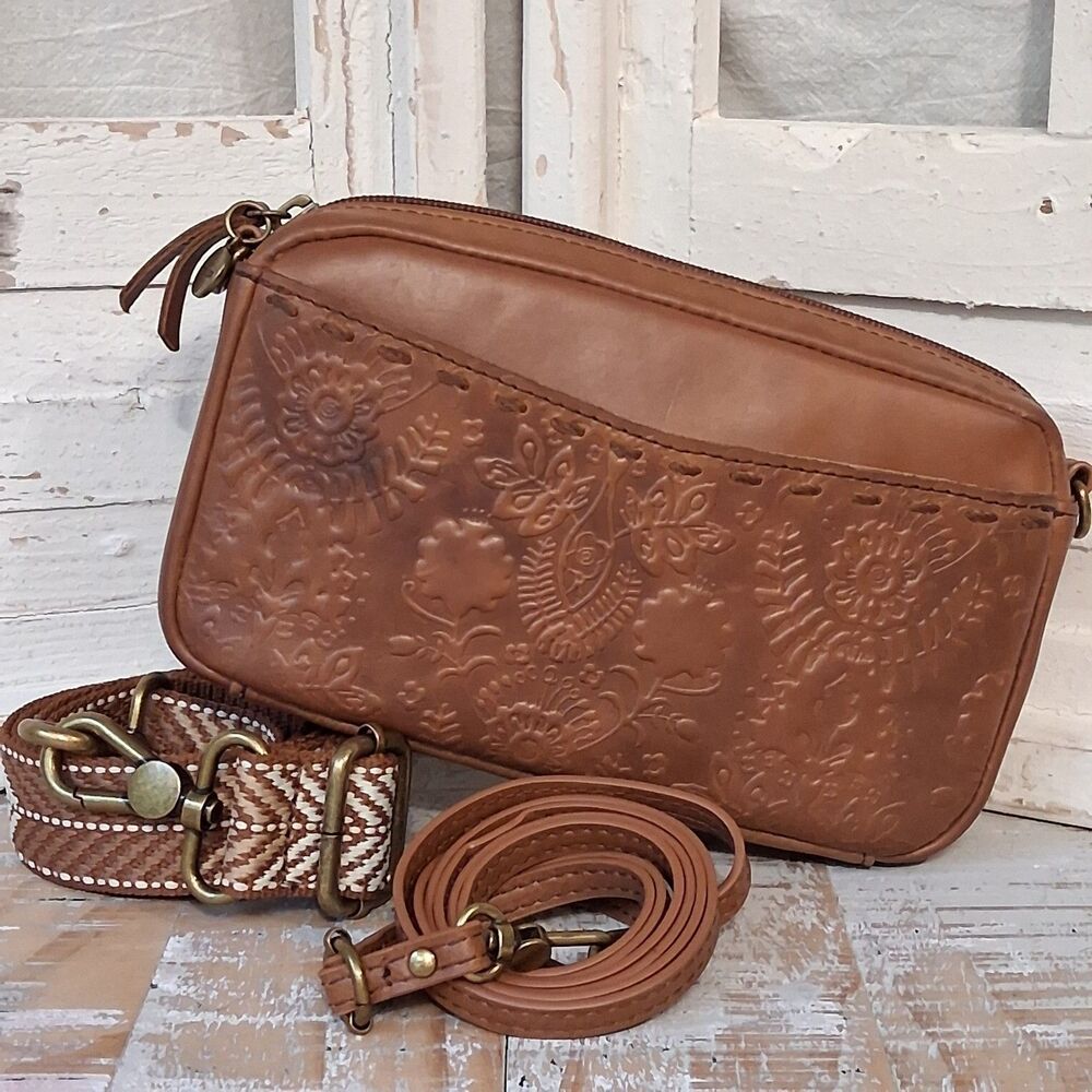 The Sak Cora Mini Leather Phone Crossbody Bag Tobacco Tooled Floral Boho Western